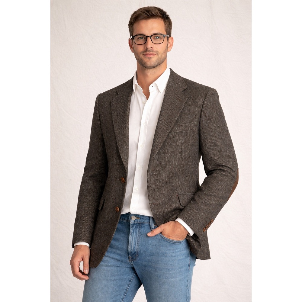 VTG Barrington Mens 42R Wool Blazer Herringbone Donegal Tweed Elbow‎ Patches